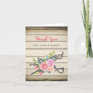 Charming Wood Rosa Blommigt Scissors Hair Salon Tack Kort