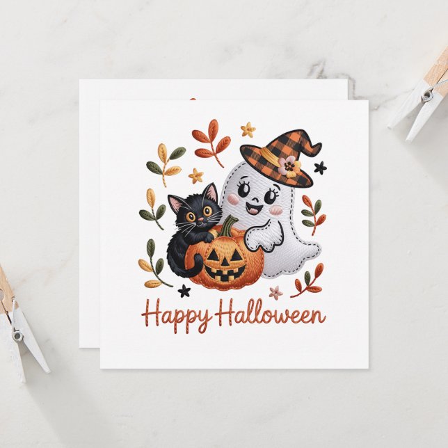 Charmkort för Halloween – Handritad Embr Inbjudningar (Fram/Back In Situ)