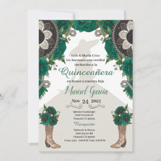 Charra Quinceanera-inbjudan, Grönt Guld Mariachi
