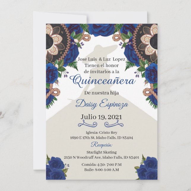 Charra Quinceanera-inbjudan, Royal blue Mariachi Inbjudningar (Framsida)