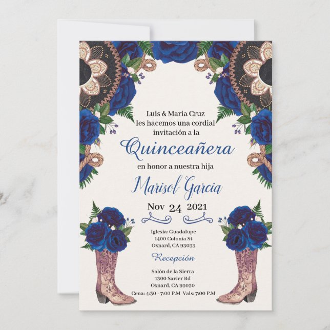 Charra Quinceanera-inbjudan, Royalet Blue Mariachi (Framsida)
