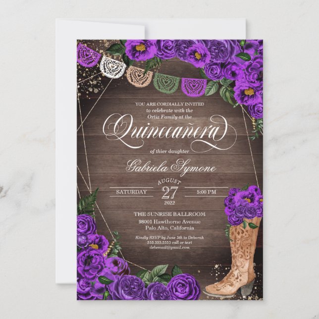 Charra Rustic Cowgirl Boot Lila Ro Quinceañera Inbjudningar (Framsida)