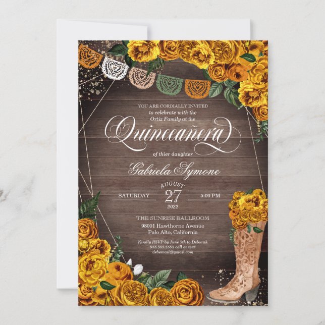 Charra Rustic Cowgirl Gul ros Quinceañera Inbjudningar (Framsida)