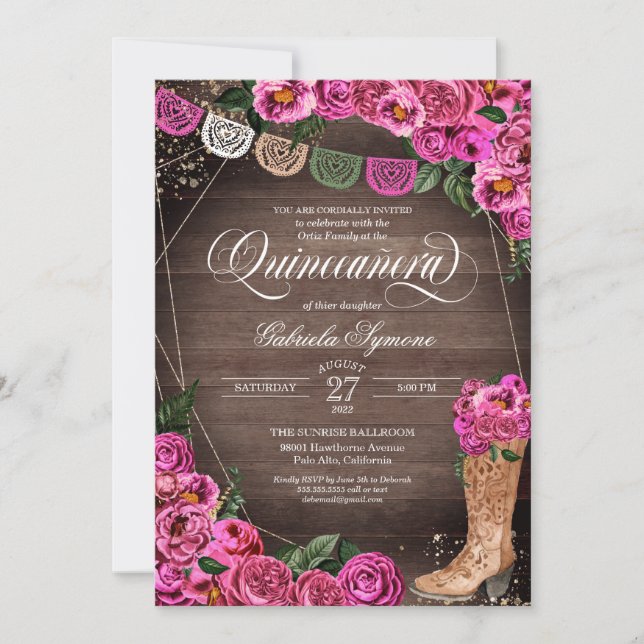 Charra Rustic Cowgirl Rosa ros Quinceañera Inbjudningar (Framsida)