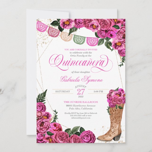 Charra Rustic Cowgirl Rosa ros Quinceañera Invita Inbjudningar (Framsida)