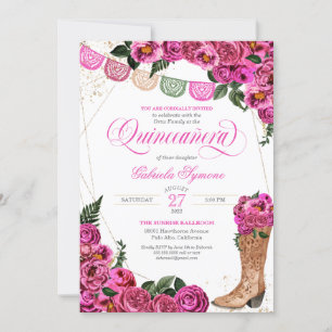 Charra Rustic Cowgirl Rosa ros Quinceañera Invita Inbjudningar