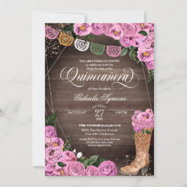 Charra Rustic Rosa ros Cowgirl Boots Quinceañera Inbjudningar