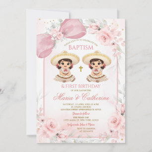 Charra tvillingflicka rosa blommig dop 1-årsdag inbjudningar