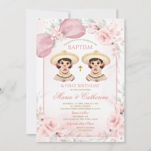 Charra tvillingflicka rosa blommig dop 1-årsdag inbjudningar (Framsida)