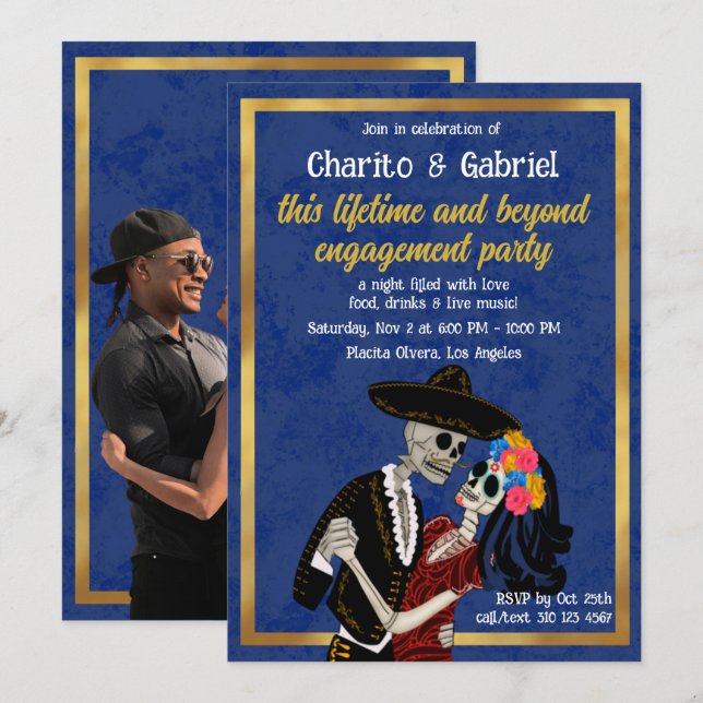 Charro Catrina Sugar Döskallars Dance Blue Förlovn Inbjudningar (Fram/baksida)
