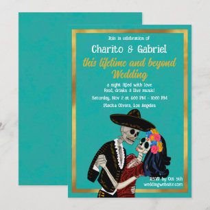 Charro Catrina Sugar Döskallars Dancing Teal Bröll Inbjudningar