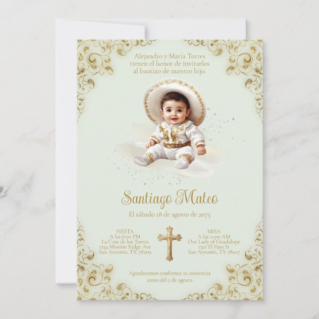 Charro-dopinvitation – Pojke – Sage & Guld Inbjudningar (Framsida)