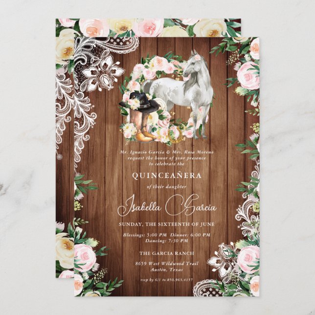 Charro Horse Cowgirl Quinceañera 15:e födelsedagen Inbjudningar (Fram/baksida)