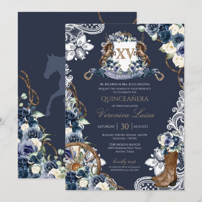 Charro Horse Vapensköld Royal Navy Blue Quinceaner Inbjudningar (Fram/baksida)