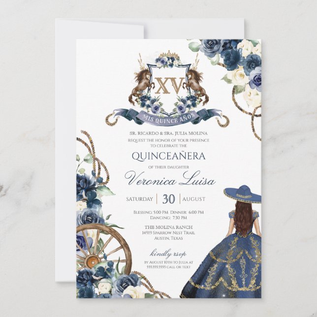 Charro Horse Vapensköld Royal Navy Blue Quinceañer Inbjudningar (Framsida)