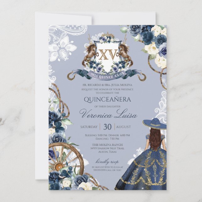 Charro Horse Vapensköld Royal Navy Blue Quinceaner Inbjudningar (Framsida)