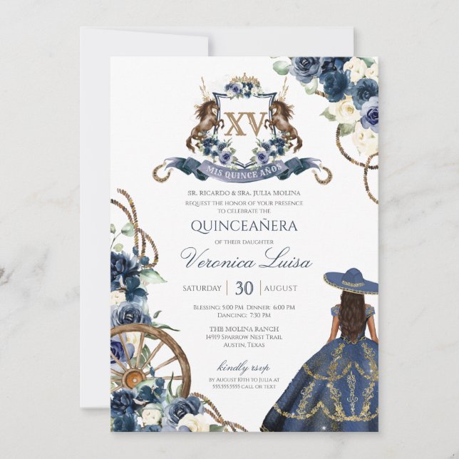 Charro Horse Vapensköld Royal Navy Blue Quinceaner Inbjudningar (Framsida)