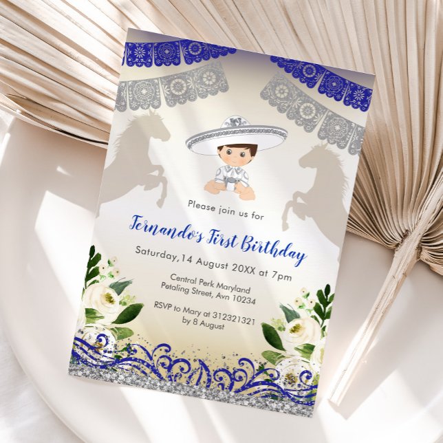 Charro Navy Blue Silver 1:a födelsedagsinbjudan Inbjudningar (Skapare uppladdad)