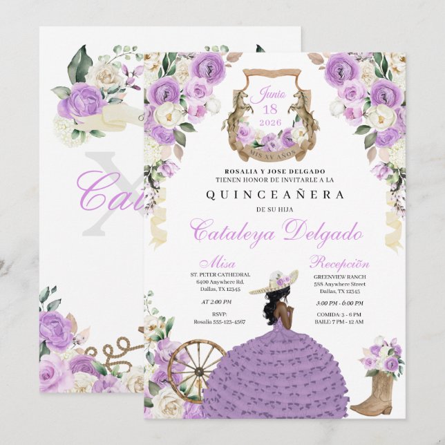 Charro Princess Lilac Western Quinceañera Inbjudningar (Fram/baksida)