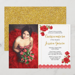 Charro Quinceañera-inbjudan Rosor och Snöre Inbjudningar