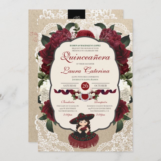 Charro Quinceanera Red Burgundy Blommigt Birthday Inbjudningar (Fram/baksida)