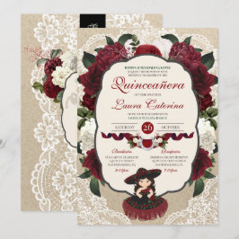 Charro Quinceanera Red Burgundy Blommigt Birthday Inbjudningar