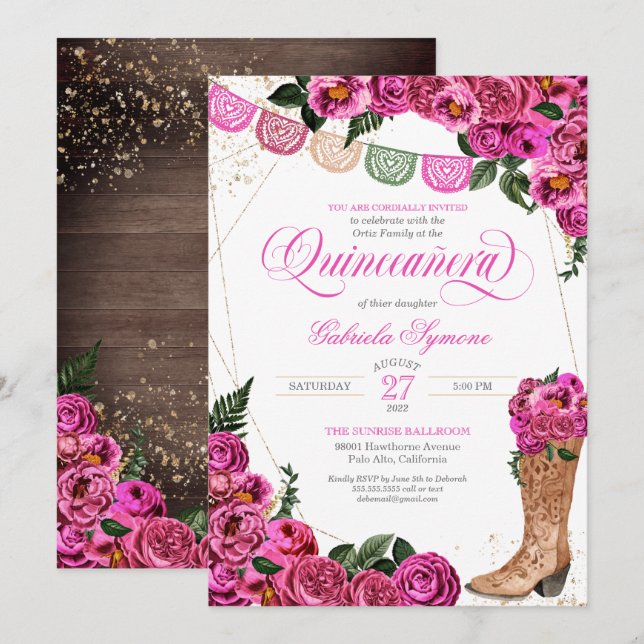 Charro Rustic Cowgirl Boots Rosa ros Quinceañera Inbjudningar (Fram/baksida)