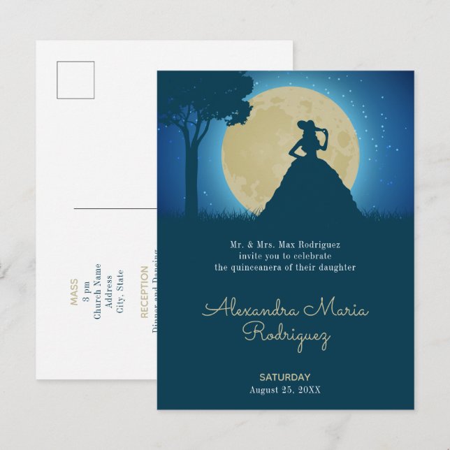 Charro Silhouette med Måne Quinceanera Inbjudan Vykort (Fram/baksida)