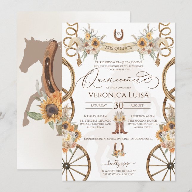 Charro Solros Land Rustic Blommigt Quinceanera Inbjudningar (Fram/baksida)