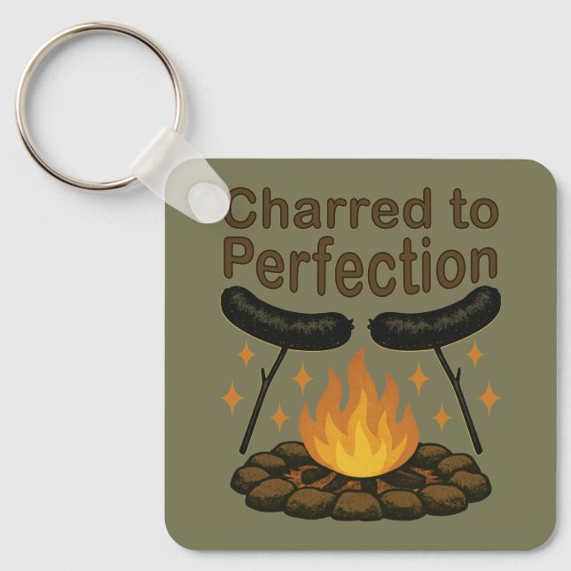 Charterad till Perfection Funny Campfire Hett Hund Nyckelring (Framsida)
