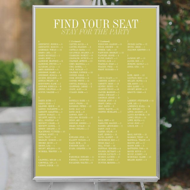 Chartreuse Alfabetisk Bröllopsställningsplan Poster (Chartreuse Alphabetical Wedding Seating Chart)