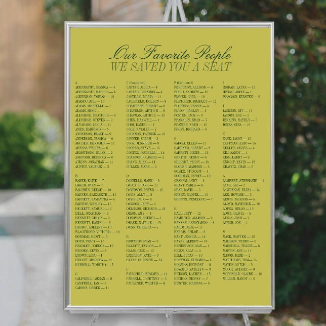 Chartreuse Alfabetisk Bröllopsställningsplan Poster (Chartreuse Alphabetical Wedding Seating Chart)