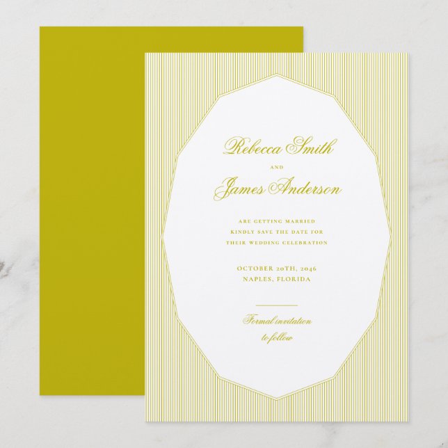 Chartreuse Formell Elegant Klassisk Randig Bröllop Spara Datumet (Fram/baksida)