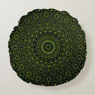 Chartreuse Grön Mandala med djärv symmetri Rund Kudde