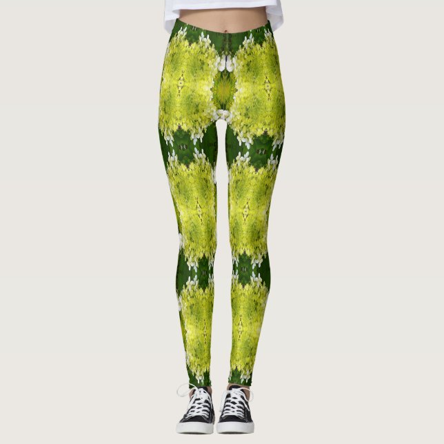 Chartreuse Grönt Abstrakt Hydrangea Blooms Mönster Leggings (Framsida)