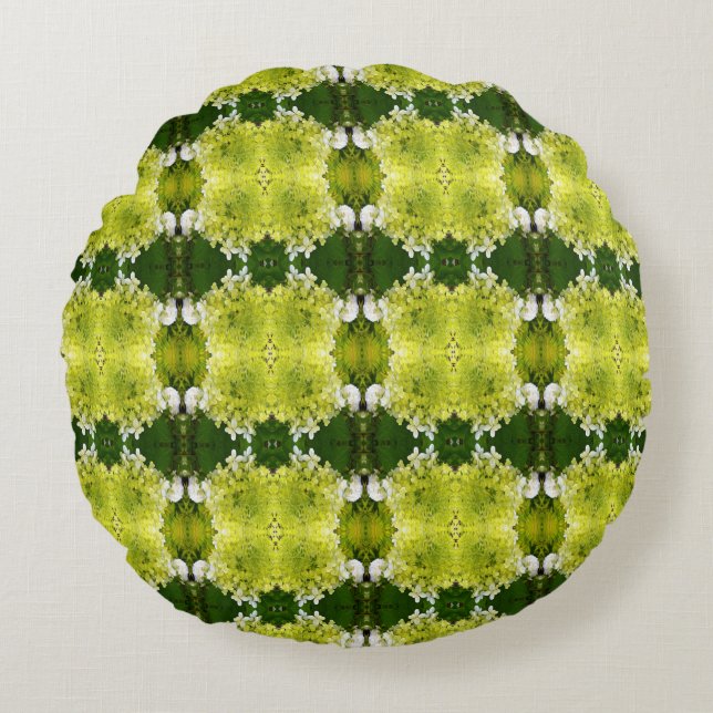 Chartreuse Grönt Abstrakt Hydrangea Blooms Mönster Rund Kudde (Framsidan)