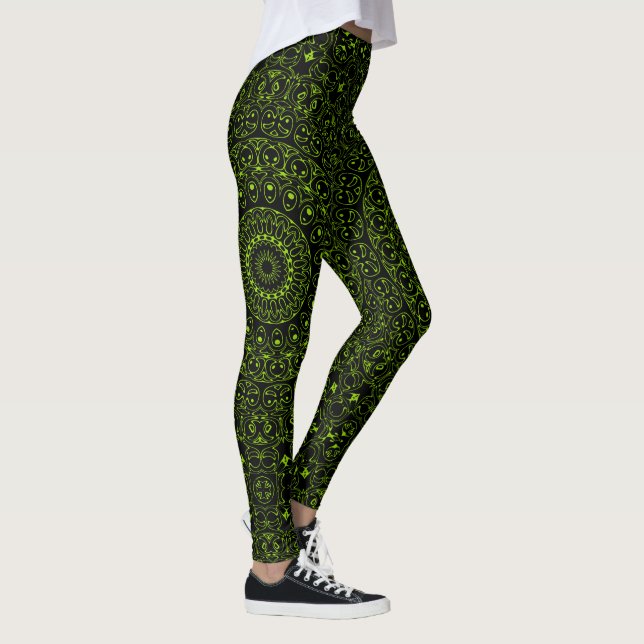 Chartreuse Grönt Mandala med fetstil och symmetri Leggings (Höger)