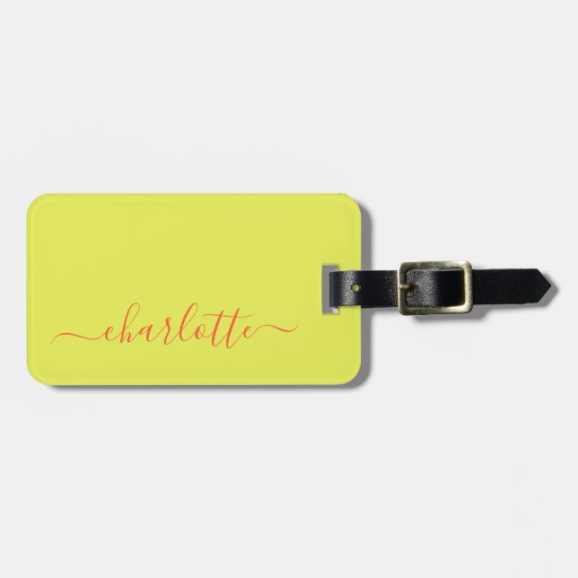 Chartreuse Gul Orange Skript Personligt Namn Bagagebricka (Horisontell Framsida)