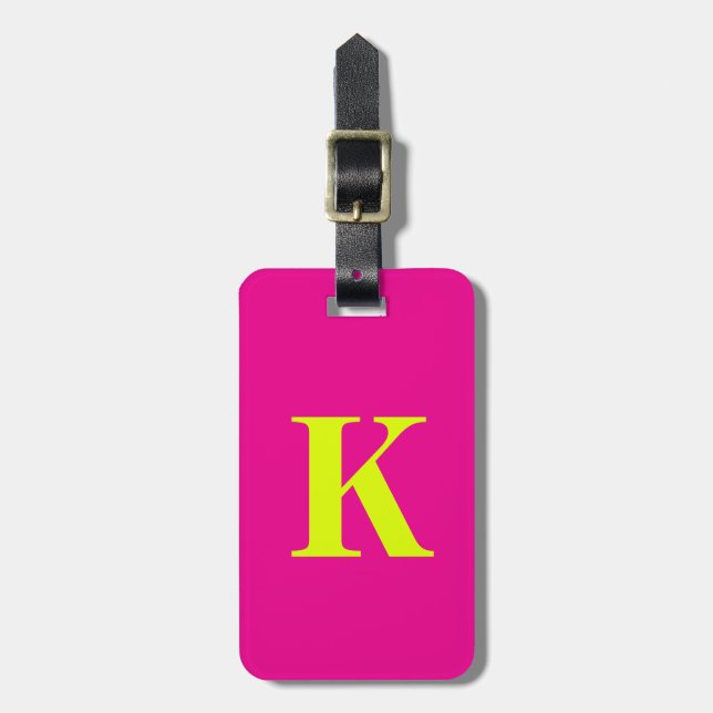 Chartreuse Gult Neon Shock rosa Monogram Namn Bagagebricka (Vertikal Framsida)