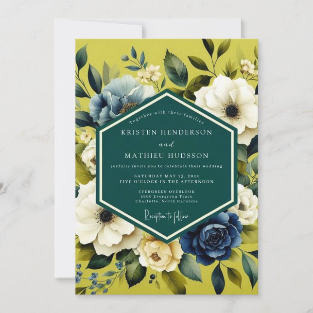 Chartreuse Indigo Bloom Wedding Inbjudningar (Framsida)