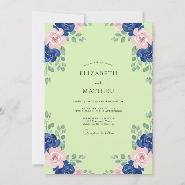Chartreuse Navy Peony Bröllop Inbjudningar (Framsida)