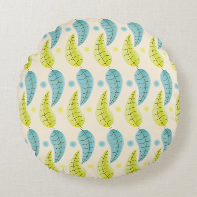 Chartreuse och Aqua löv runda dekorativ kudde (Framsidan)