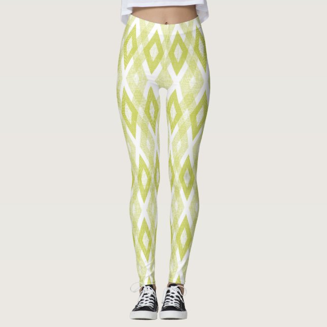 Chartreuse och White Grunge Harlequin Mönster Leggings (Framsida)