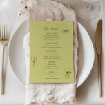 Chartreuse Oliv grönt Illustrated Bröllop Menu Meny<br><div class="desc">Chartreuse-menyn och den oliv grönt illustrerade bröllop-menyn med vintage inspirerade till typografi och hand plockade illustrationer av fikon,  en ljushållare och en körsbärare som håller ett vin-glas.</div>