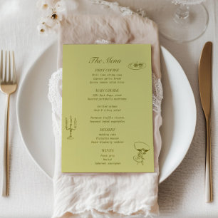 Chartreuse Oliv grönt Illustrated Bröllop Menu Meny