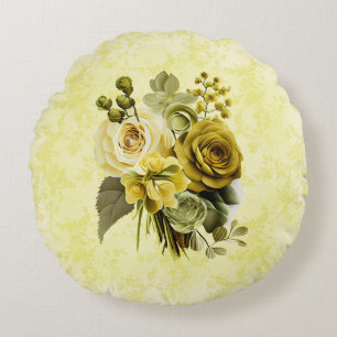 Chartreuse Olive Blommigt Round Pillow Rund Kudde
