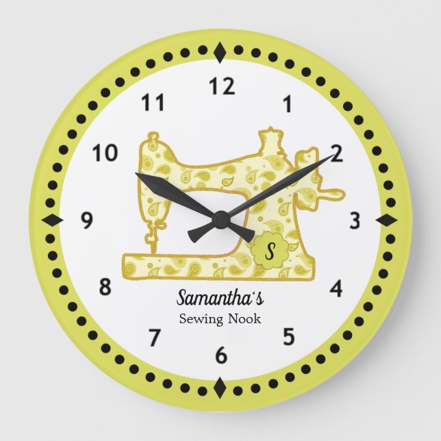 Chartreuse Paisley Sewing Maskin Large Clock Stor Klocka (Framsida)