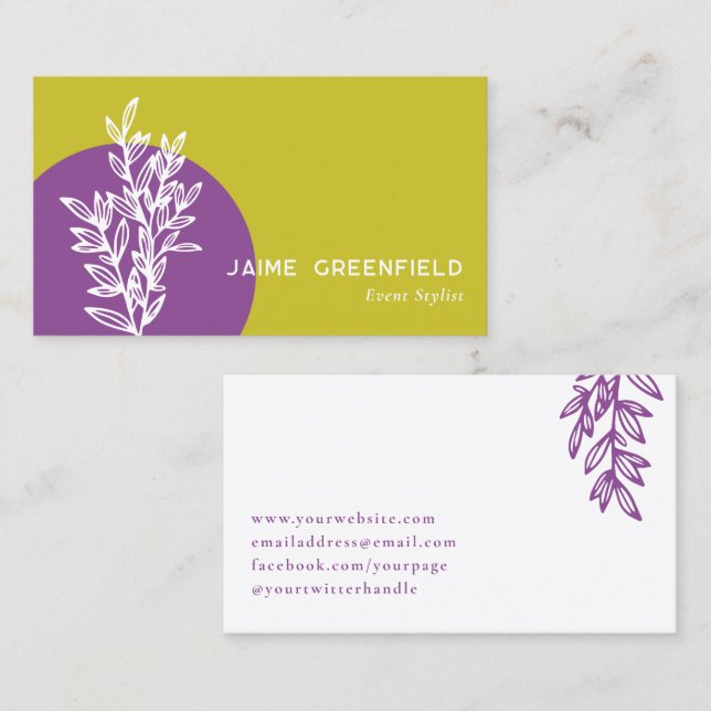 Chartreuse Purple Greenery Line Art Business Card Visitkort (Fram/baksida)
