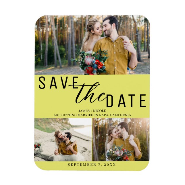 Chartreuse Save the Date Bröllop 3 Bilder Magnet (Vertikal)