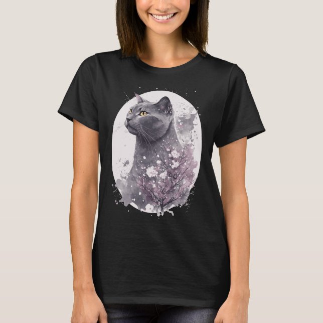 Chartreux Cat Japanese Cherry Blossom Floral Sakur T Shirt (Framsida)